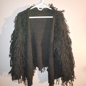 Women’s Black Fringe Open-Front Sweater Cardigan